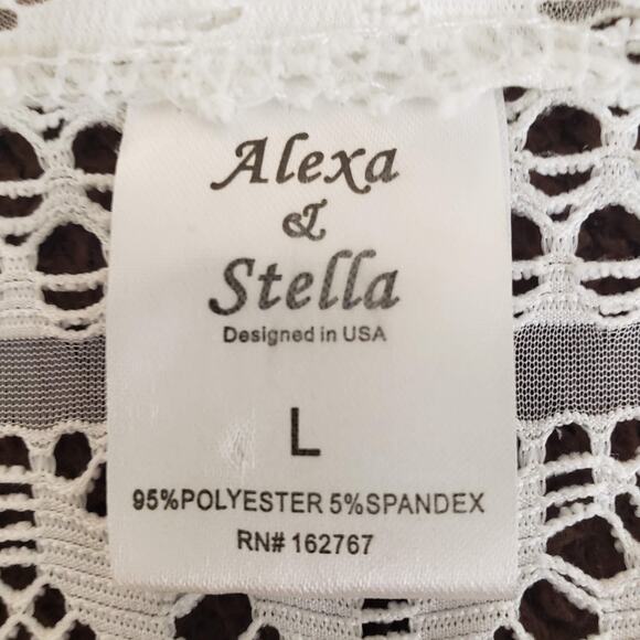 Alexa & Stella White Crochet Mesh Drawstring Waist Short Sleeve Swim Cover Up L - Picture 7 of 9